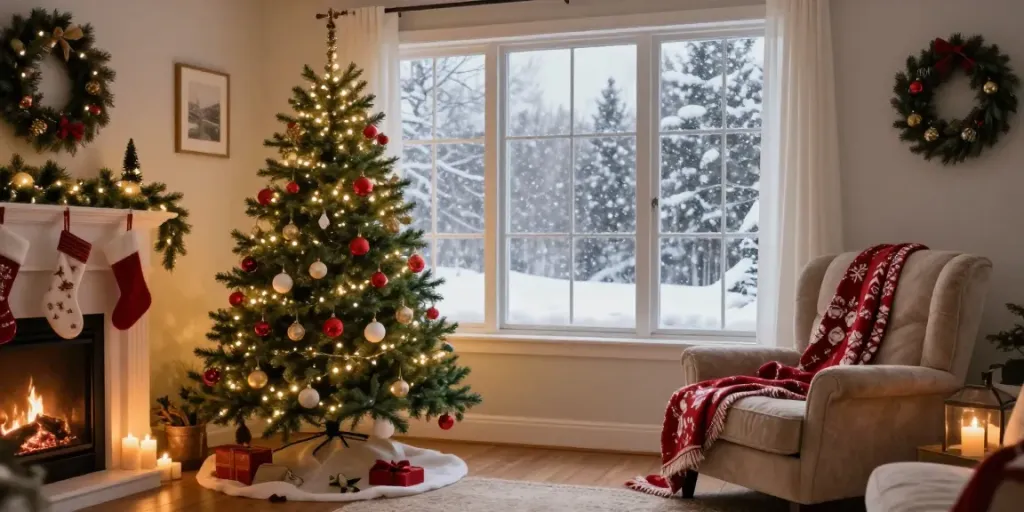 Slim Christmas tree elegantly decorated in a cozy living room with festive atmosphere.