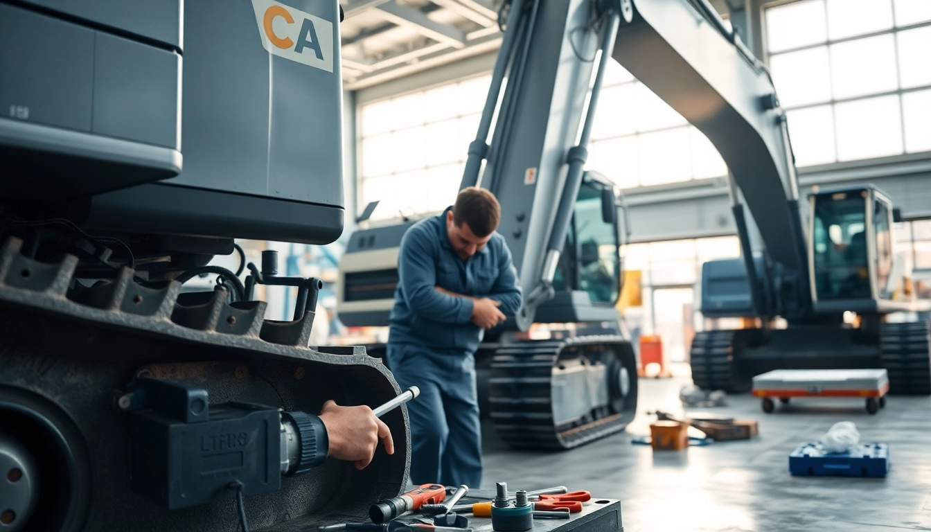 Technician performing equipment service on heavy machinery in a professional workshop.