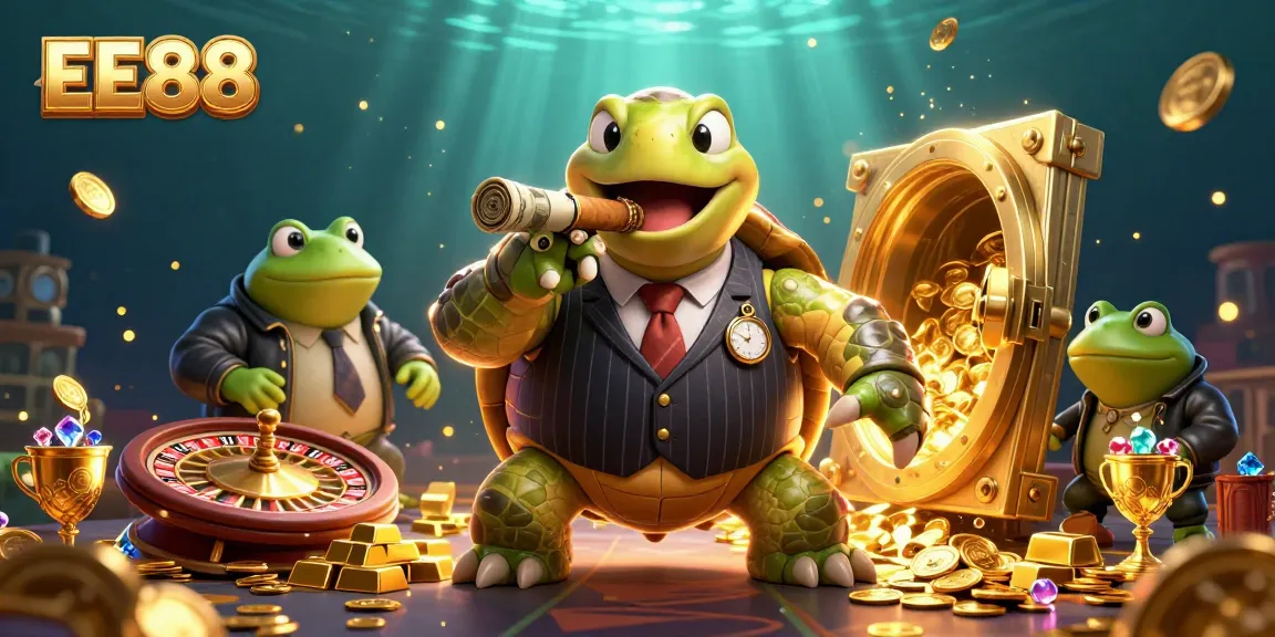 Engage with EE88’s exciting gaming atmosphere featuring a lively turtle and bullfrogs in a casino scene.