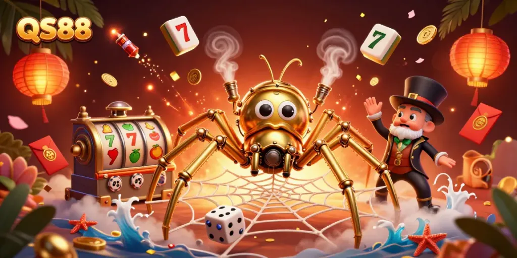 Engage with QS88's immersive casino experience featuring vibrant steampunk visuals and dynamic game elements.