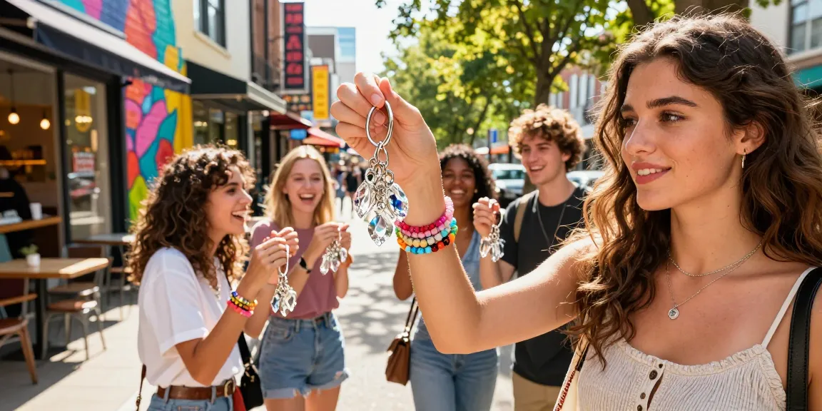 Stylish young woman showcasing a sparkling diamond keychain in a trendy urban setting.