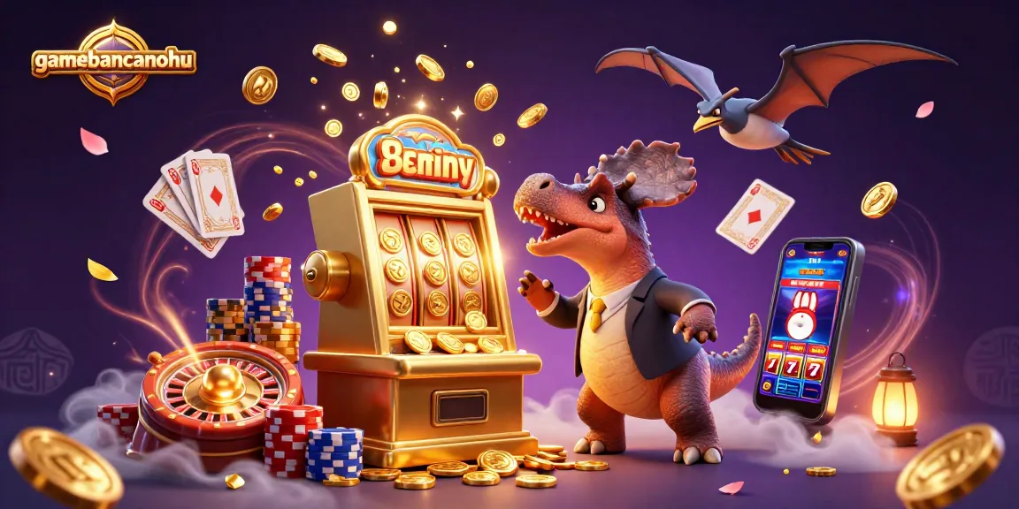 gamebancanohu showcases a pachycephalosaurus hitting a slot machine, raining coins in a vibrant casino scene