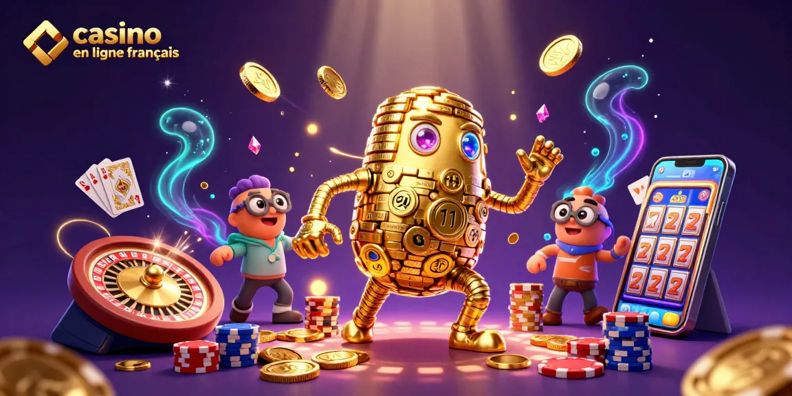 Jouer au casino en ligne français avec un golem en or, des pièces et des jeux de cartes excitants.