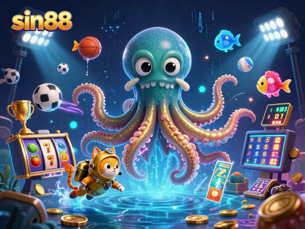 Experience the thrill of sin88 with a colossal kraken and diving cat in a vibrant, action-packed casino scene.
