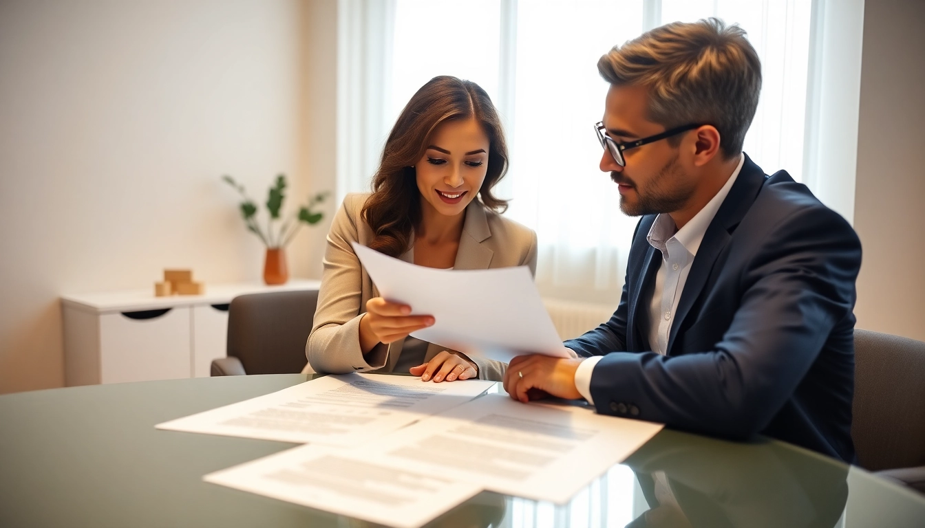 Couple reviewing Family Law Financial Agreements in a sophisticated office environment.