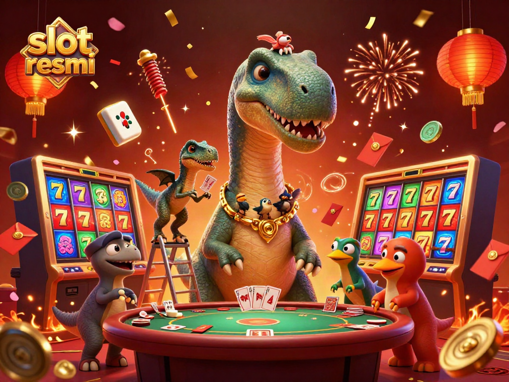 Engage with slot resmi as the cartoon brontosaurus oversees a lively casino scene filled with vibrant game elements.
