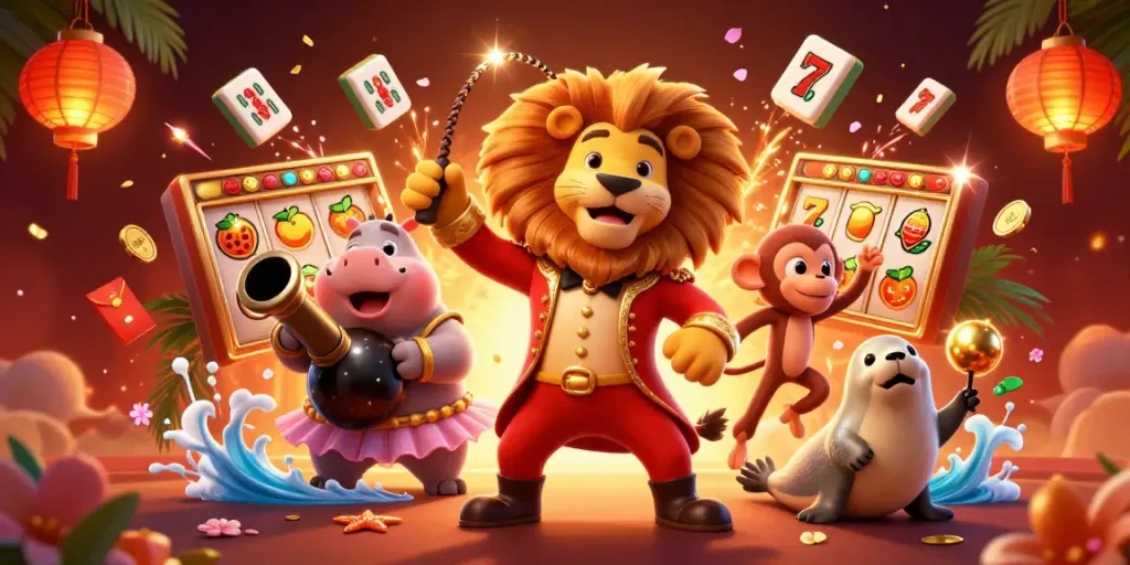 Slot menarik dengan karakter lucu di sekitar simbol permainan, RTP dan jackpot.