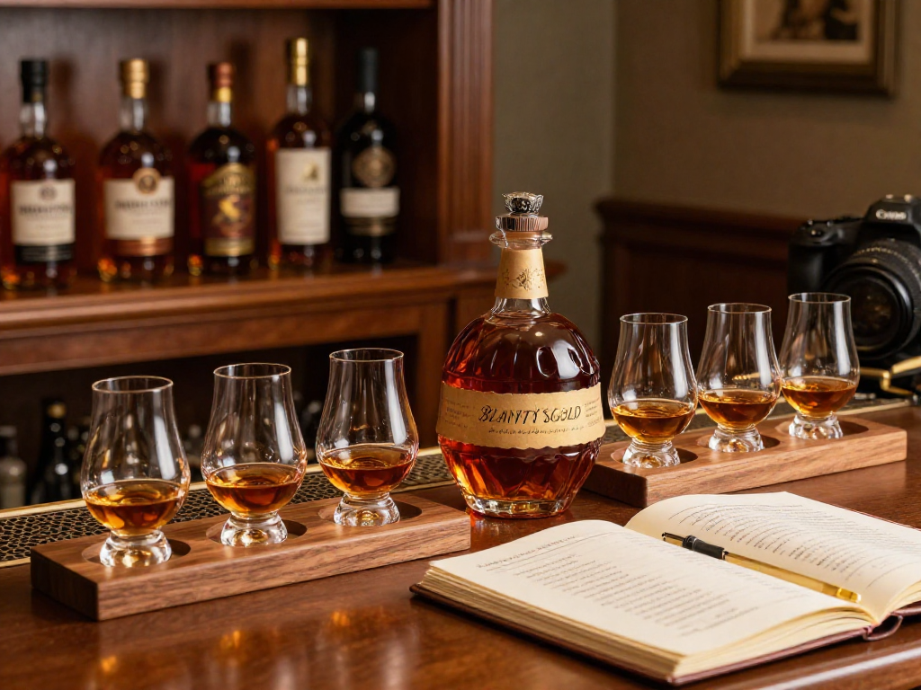 Blanton's Gold bourbon showcased in an elegant home bar setting, highlighting tasting glasses and notes.