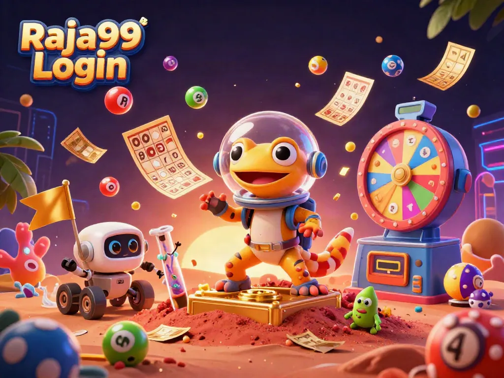 Permainan menyenangkan dengan Raja99 Login, slot online dan lotere dalam ilustrasi yang penuh warna.