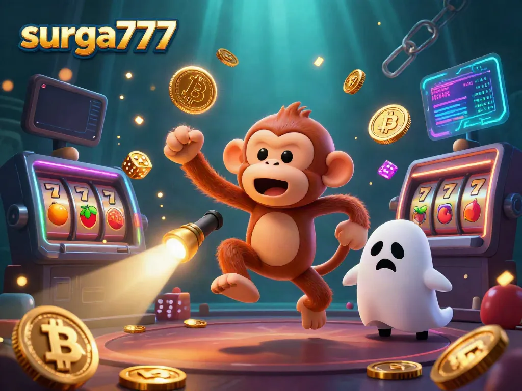 Experience thrilling slot action with surga777, featuring a playful ghost-hunter puppy tracking a mischievous monkey in a lively casino.