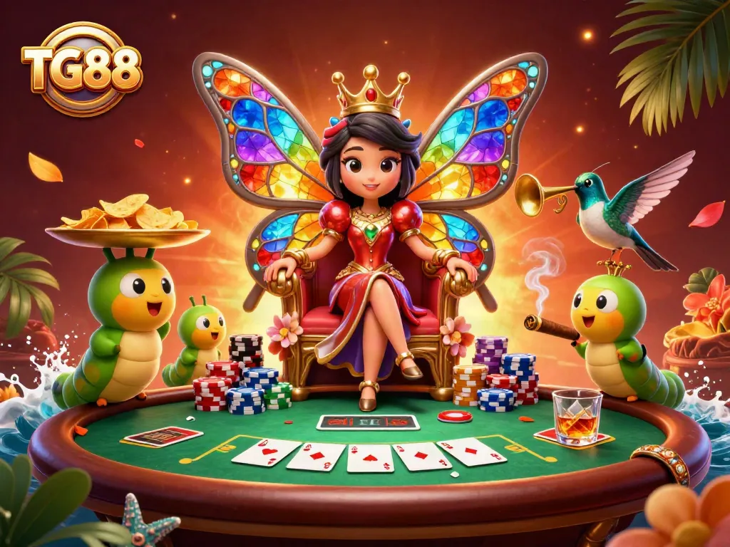TG88 showcases a vibrant scene with a butterfly queen and chips on poker tables, illustrating exciting gambling.