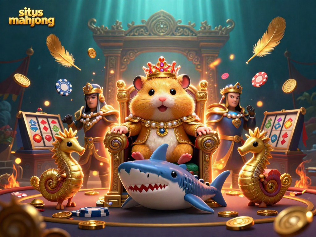 Engage in situs mahjong action with an intense 3D illustration of a hamster king in a vibrant casino scene.