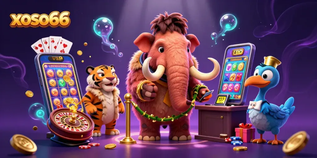 Engage with xoso66's vibrant casino scene featuring a woolly mammoth bouncer and slot elements.