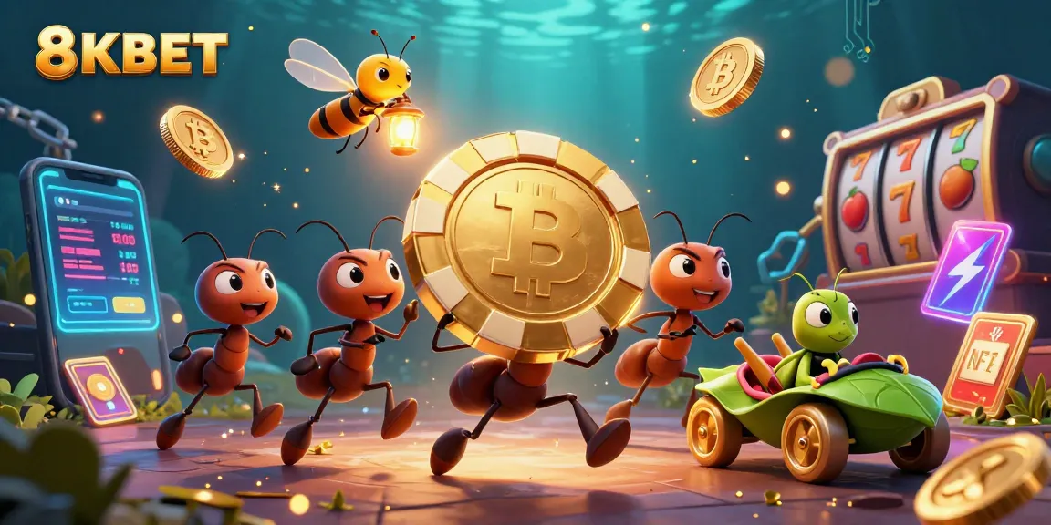 Ants heisting a golden poker chip in a vibrant 3D scene themed around 8KBET and gambling.