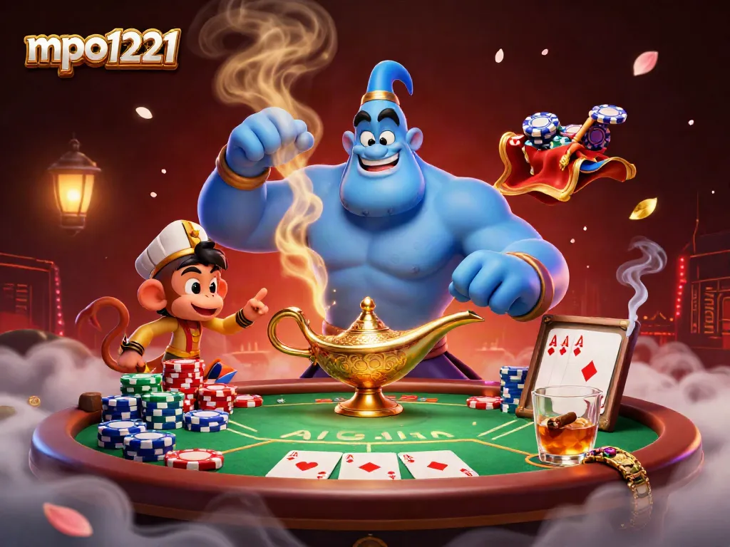 Experience mpo1221 with an energetic casino scene featuring a genie, a monkey, and vibrant poker elements.