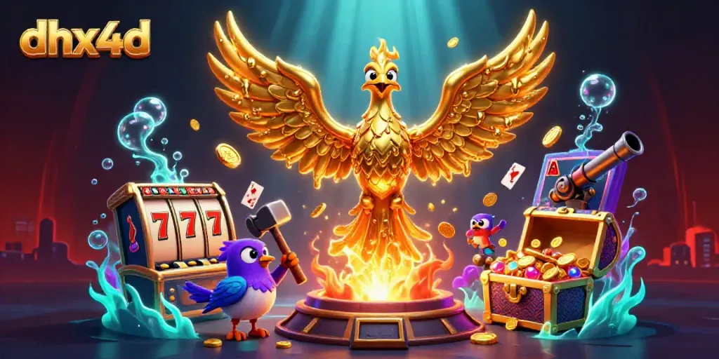 dhx4d menarik perhatian dengan ilustrasi kasino 3D berwarna-warni dan emas melimpah