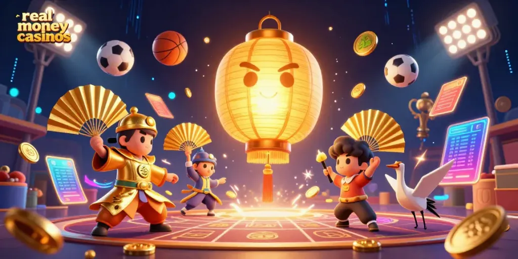 Play at real money casinos with a vibrant scene featuring fun characters, games, and winning elements.