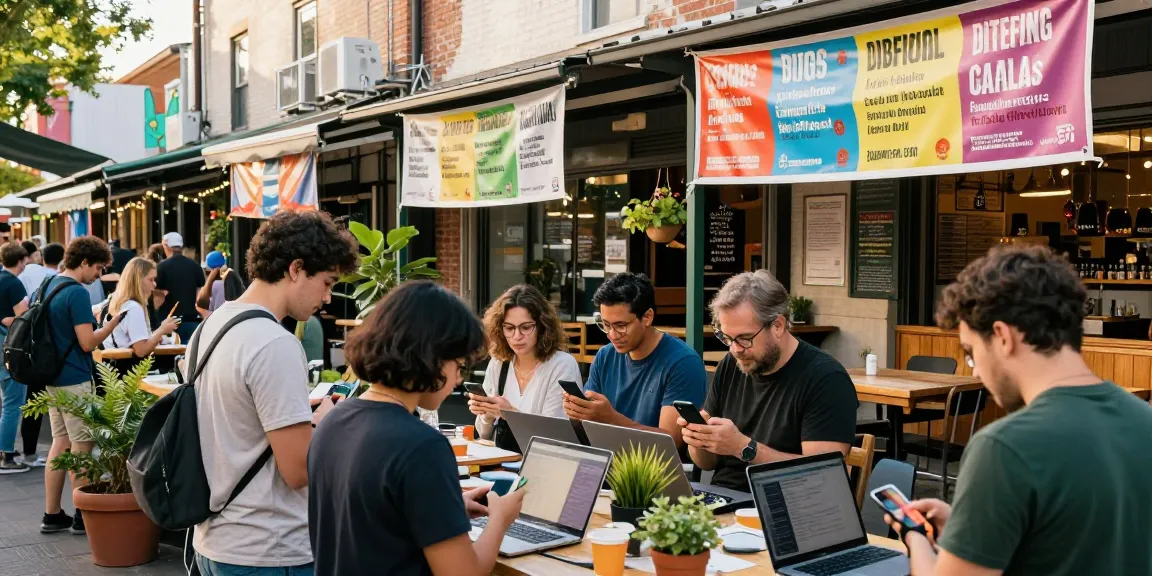 Community members using BedPersonal for local classifieds in a vibrant marketplace.