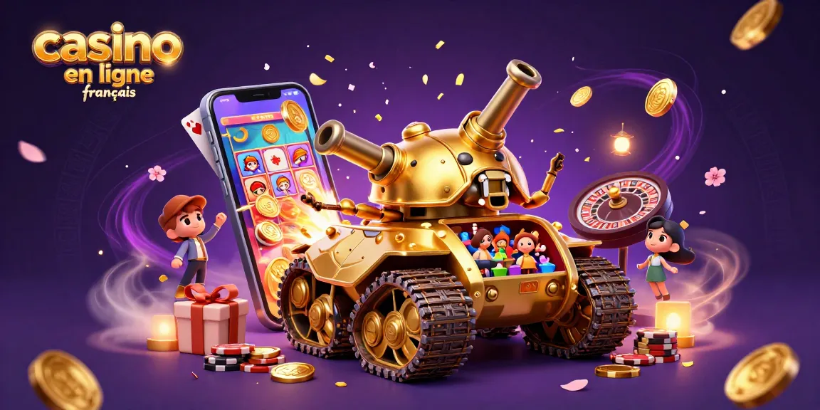 Visitez notre casino en ligne français avec un tank en or rempli de jeux, éclats de confettis et pièces.
