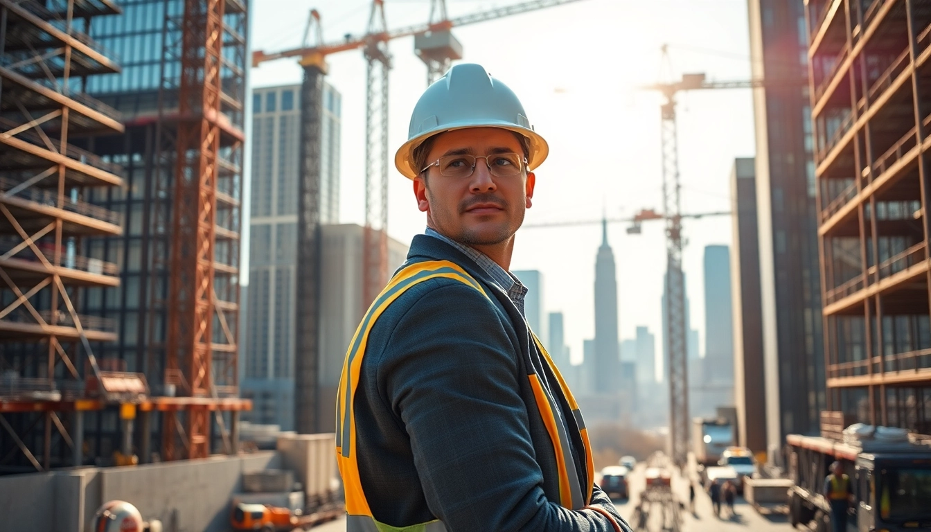 Manhattan Construction Manager directing a bustling construction site in New York City.