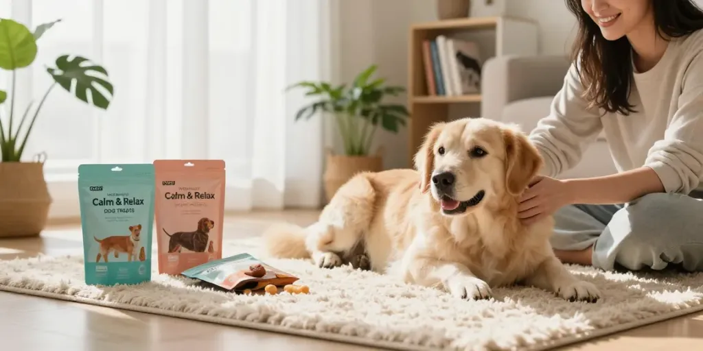 Calming Dog Treats in a cozy living room with a relaxed dog and owner.