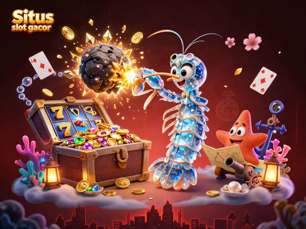 Situs slot gacor showcases a vibrant underwater scene with slot elements, captivating gold coins, and gems.