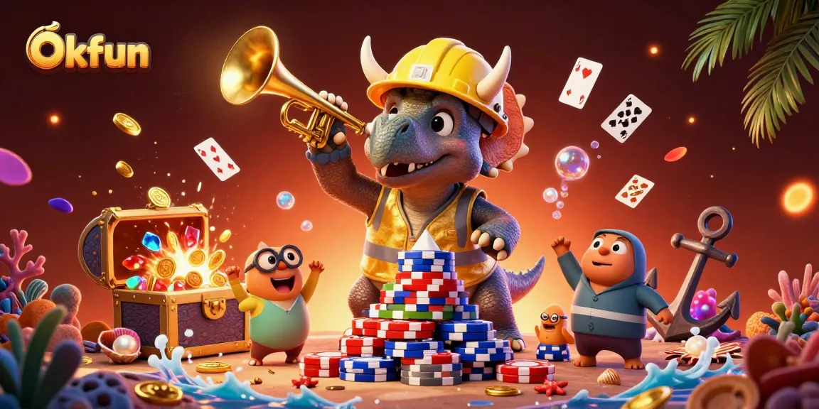 Okfun brings excitement to online gaming with a vibrant 3D illustration of cartoon dinosaurs celebrating wins.