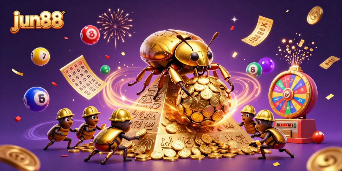 Play and win with jun88 while the golden beetle rolls coins in a vibrant casino illustration.