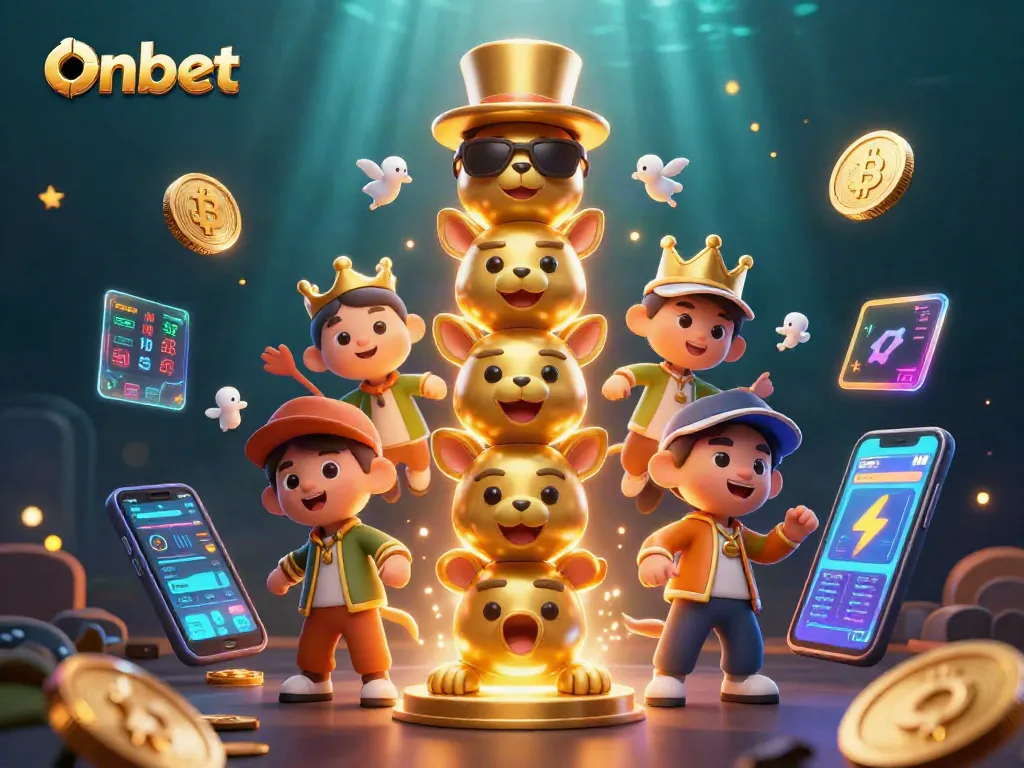 Engage with Onbet's vibrant casino world featuring a golden totem pole and crypto elements.
