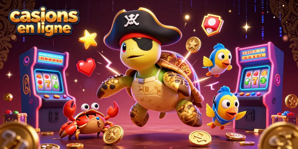 Explorez les casinos en ligne avec une tortue pirate 3D entourée d'éléments de jeu colorés.