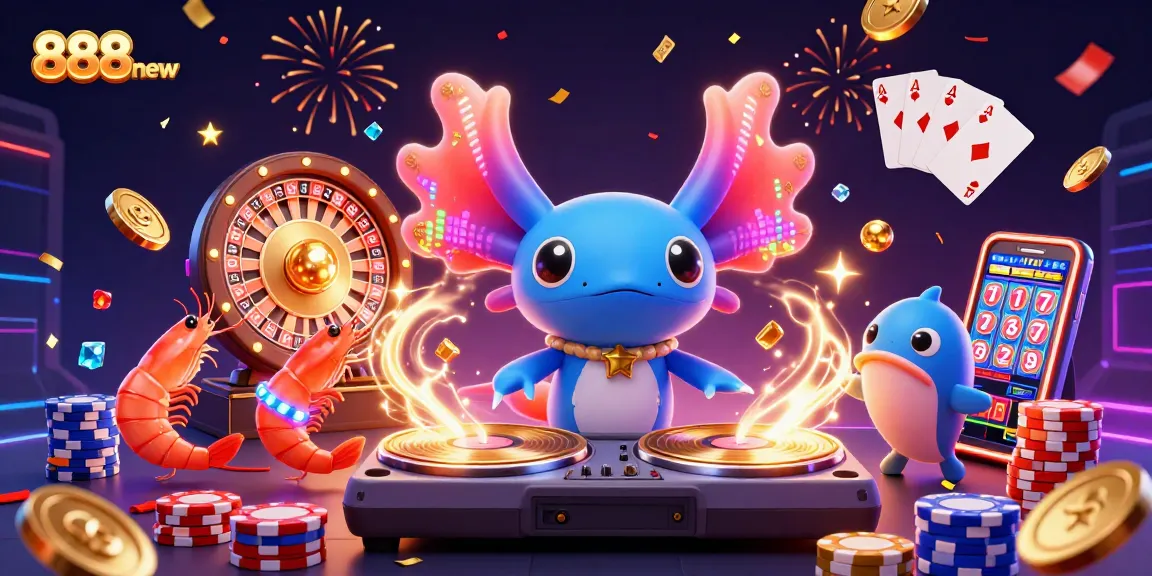 Join the fun at 888new with a vibrant underwater casino party featuring neon characters and dazzling game elements.