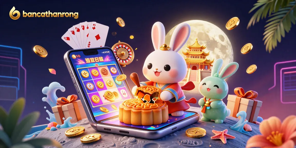 bancathanrong showcases a vibrant scene with a moon rabbit playing casino games amidst poker chips and colorful slot reels.