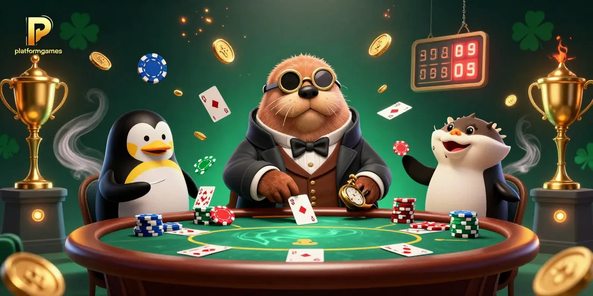 Platformgames players bluffing at an underwater poker table with coins and cards flying dynamically.