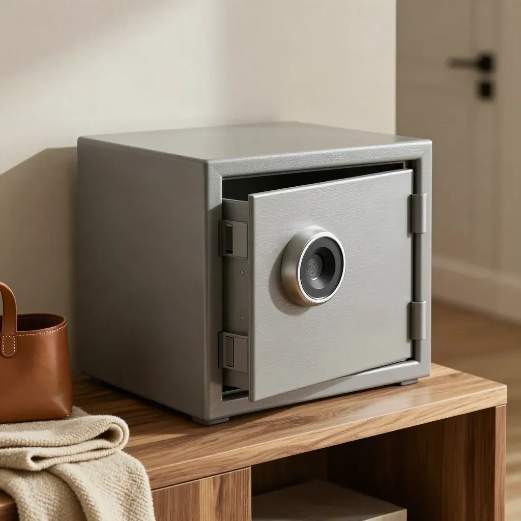 Biometric safe half-open on a console table beside leather and wool in a quiet entry hall.