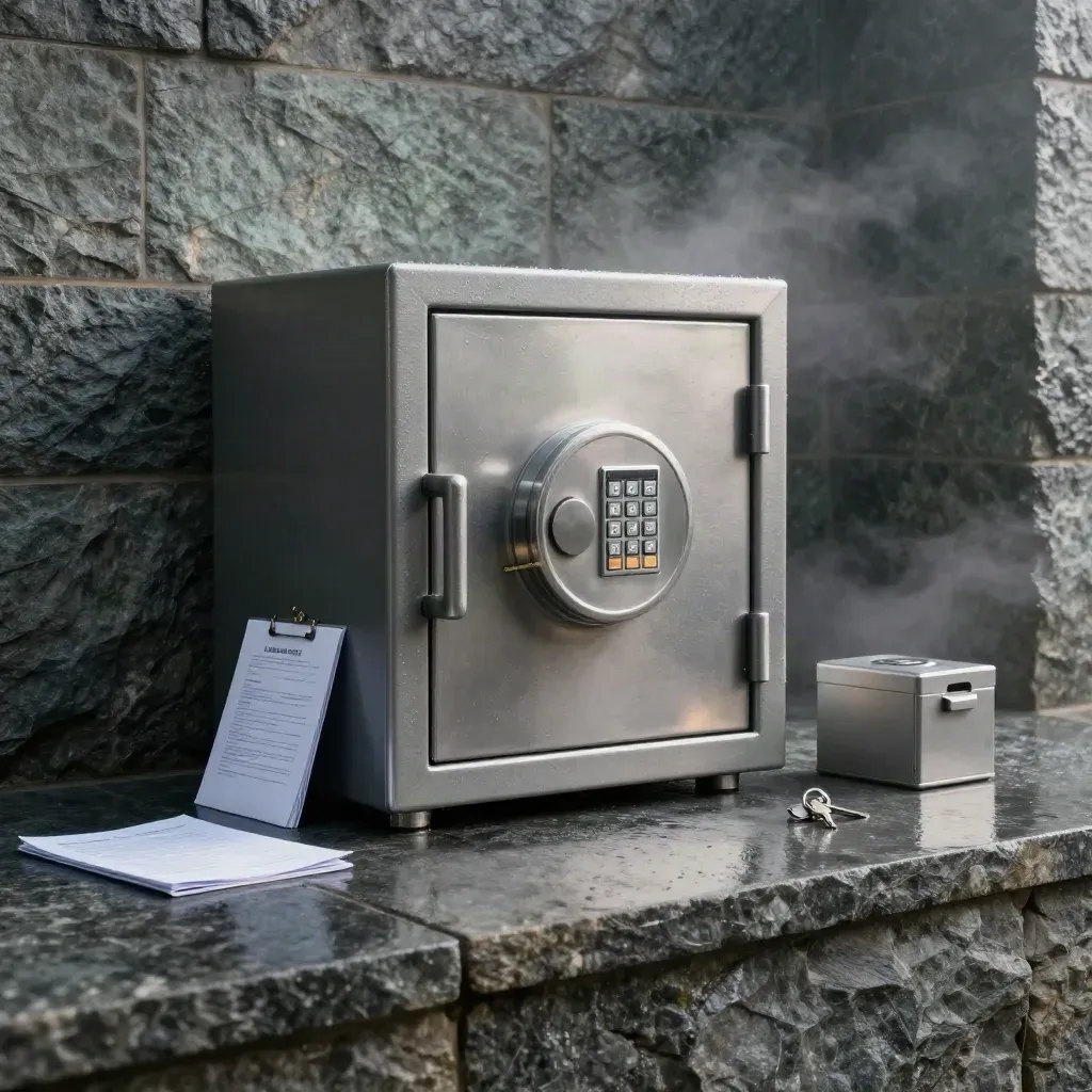 Fireproof safe on a wet stone threshold with mist, key ring, cash tray and security box.