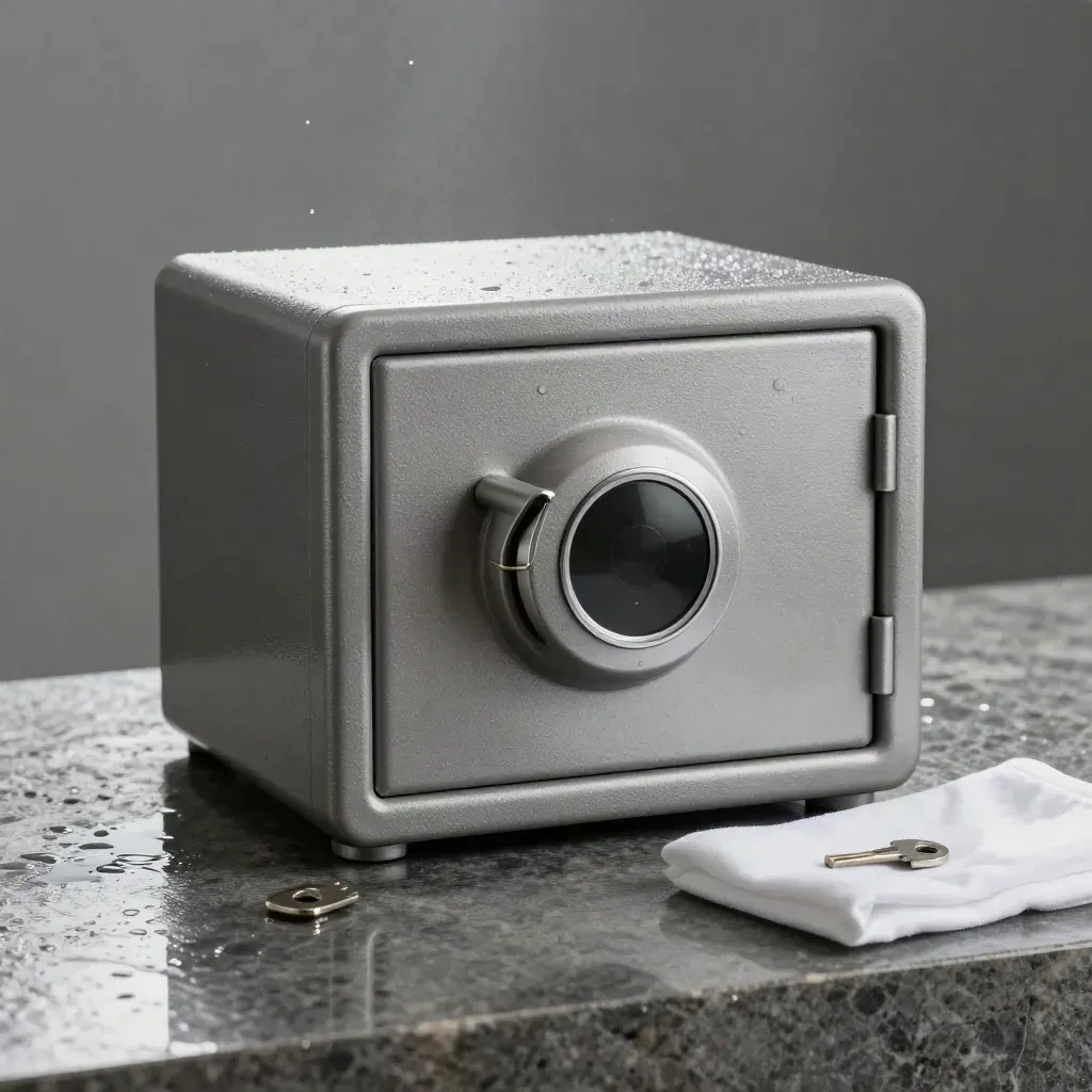 Macro of a wet steel biometric safe beside a fabric pad and backup key on stone.