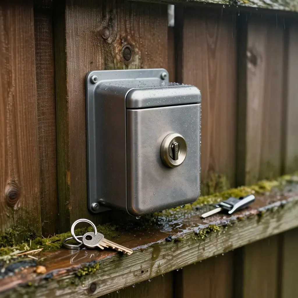 Rain-slick weatherproof key box mounted on a cedar fence with key ring and plate