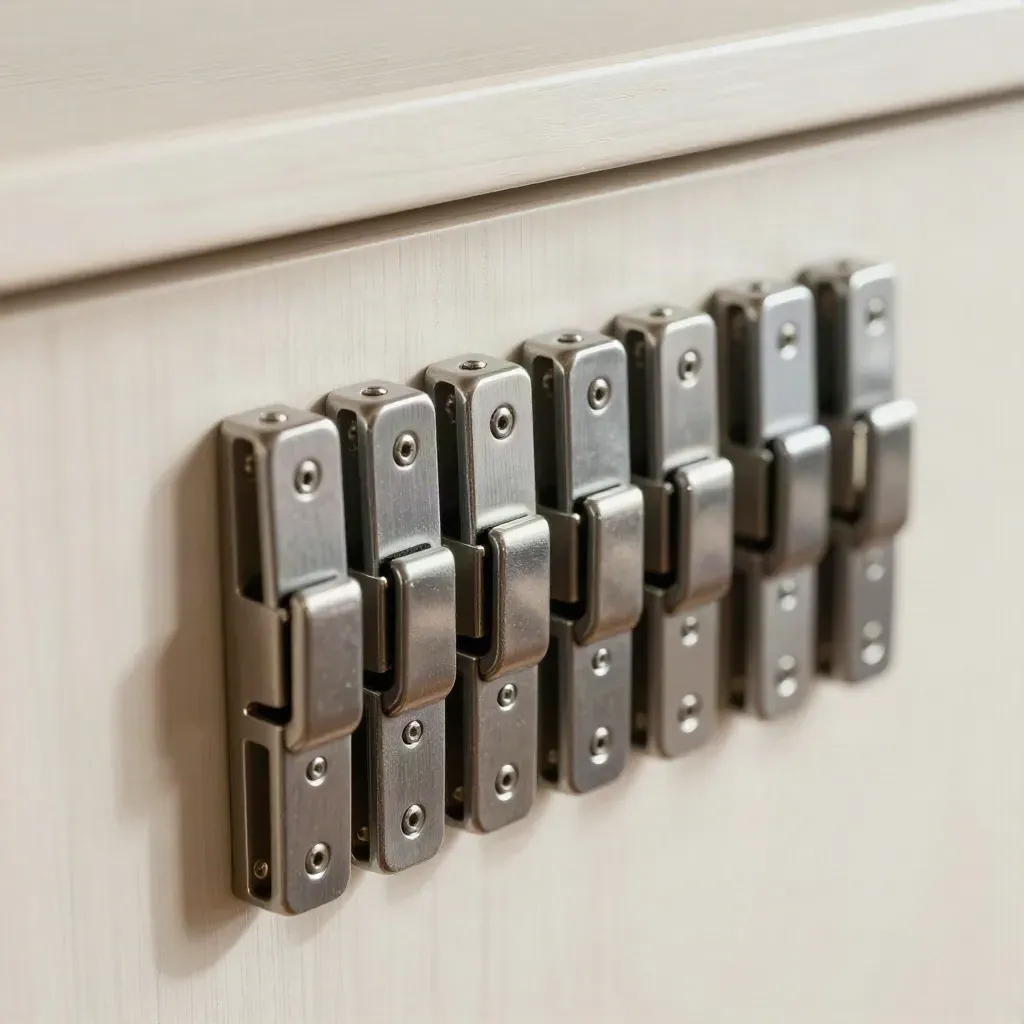 Macro of magnetic cabinet latch hardware and screws beside pale birch wood, lit by hard upper-left light.
