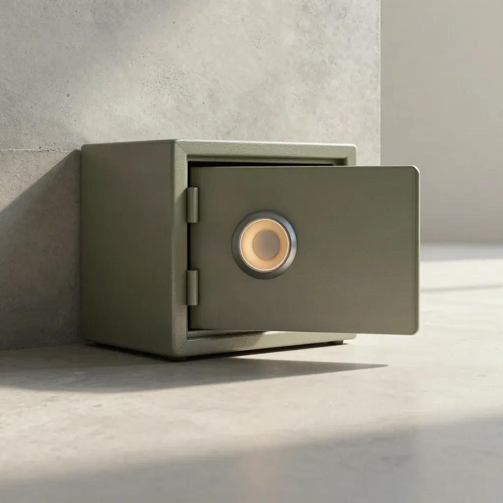 Biometric safe silhouette on brushed concrete and steel with soft amber glow and copy space.