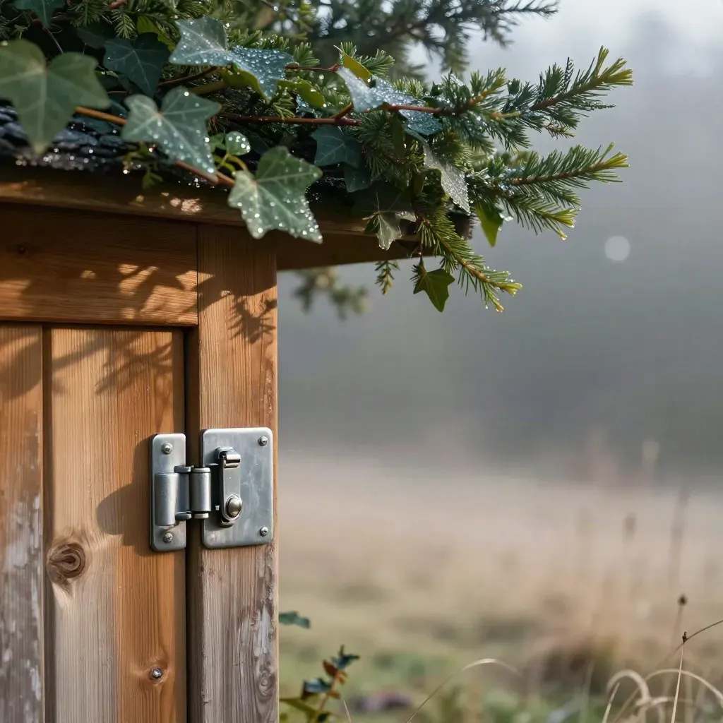 Cedar shed side with a steel latch, dew, and soft meadow haze under morning light.