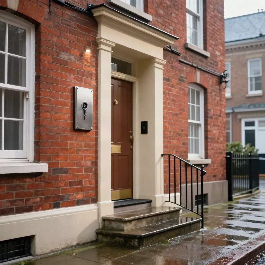 Rainy townhouse entry with a small key box high on the wall and calm open paving below.