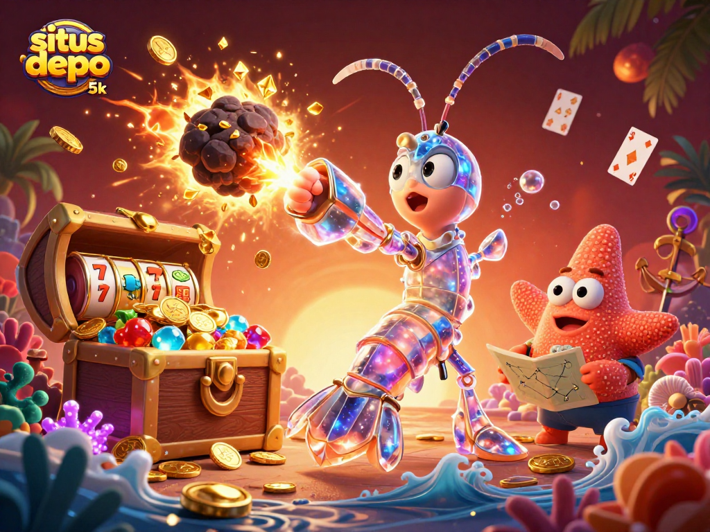 Situs depo 5k presents a vibrant 3D scene with a galactic samurai mantis shrimp and a treasure chest bursting with gold.
