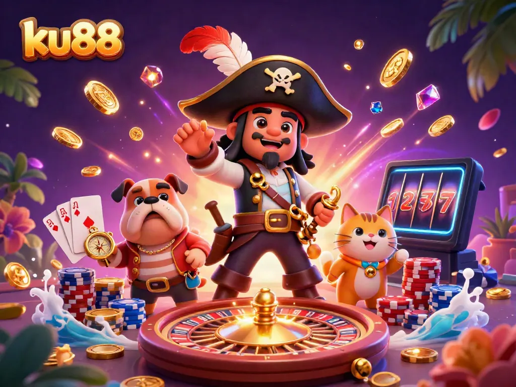 Experience the excitement of ku88 with a vibrant pirate-themed casino illustration featuring characters and gaming elements.