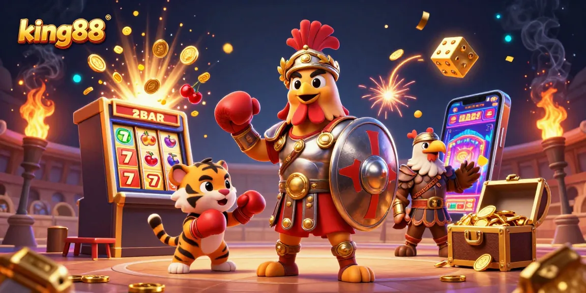 Engage with king88's thrilling gaming adventure featuring slot machines and an exciting casino backdrop.