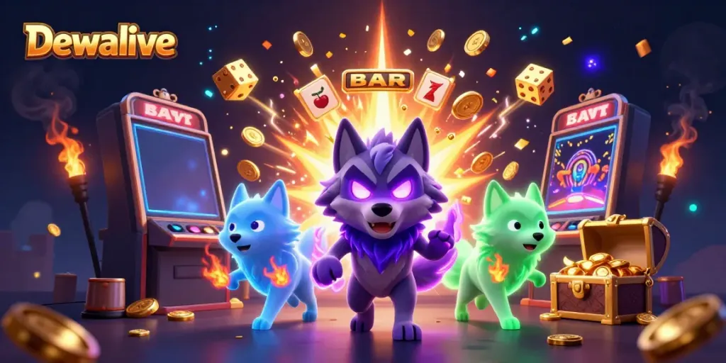 Dewalive showcases a thrilling 3D illustration of a wolf pack leader with glowing eyes amidst a jackpot explosion in a bustling casino.