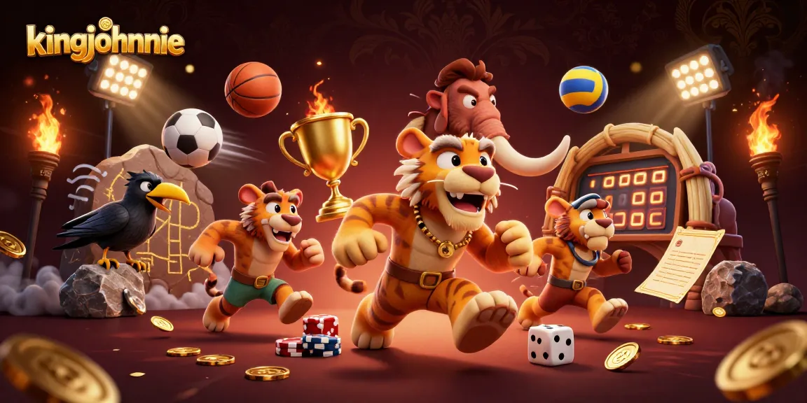 Experience kingjohnnie's vibrant prehistoric casino with a caveman and sabertooth duo amidst dynamic sports elements.