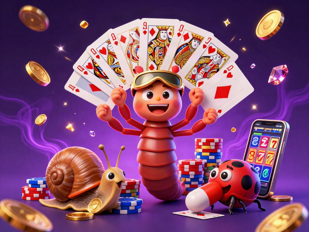 Spin the reels with qqmacan's vibrant casino scene featuring a millipede dealer and a snail high-roller.