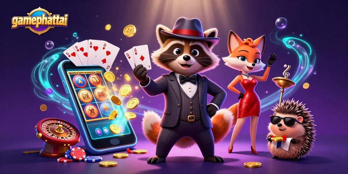Experience gamephattai with an exciting 3D illustration of casino elements and characters.