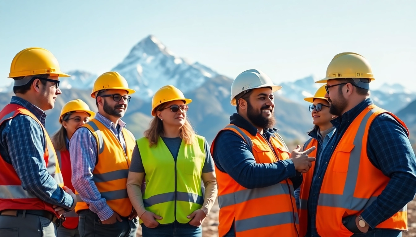 Promote construction mental health colorado with workers engaging in collaboration outdoors.