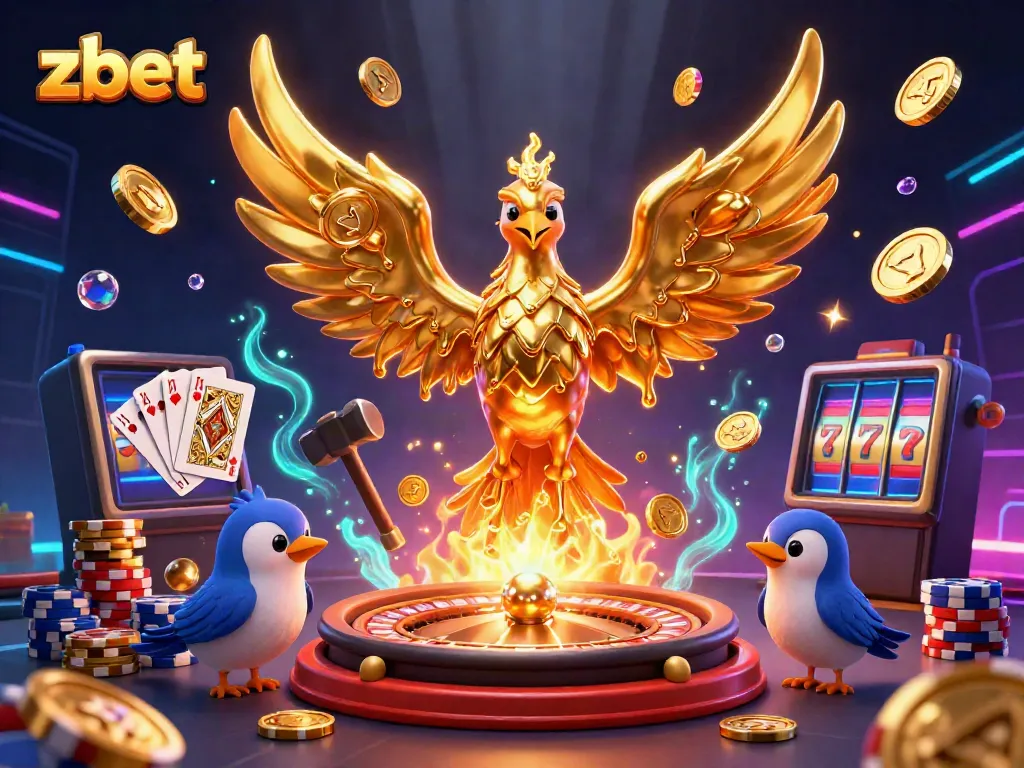 Engage with zbet's vibrant gaming universe showcasing a golden phoenix and dynamic casino elements.